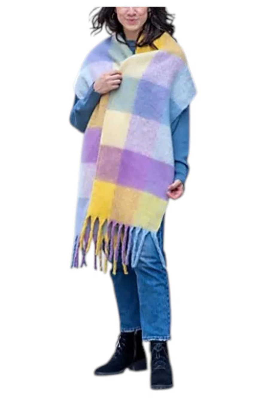 Sprigs Women's 93" x 14" Oversized Check Fringe Scarf Lilac/Yellow